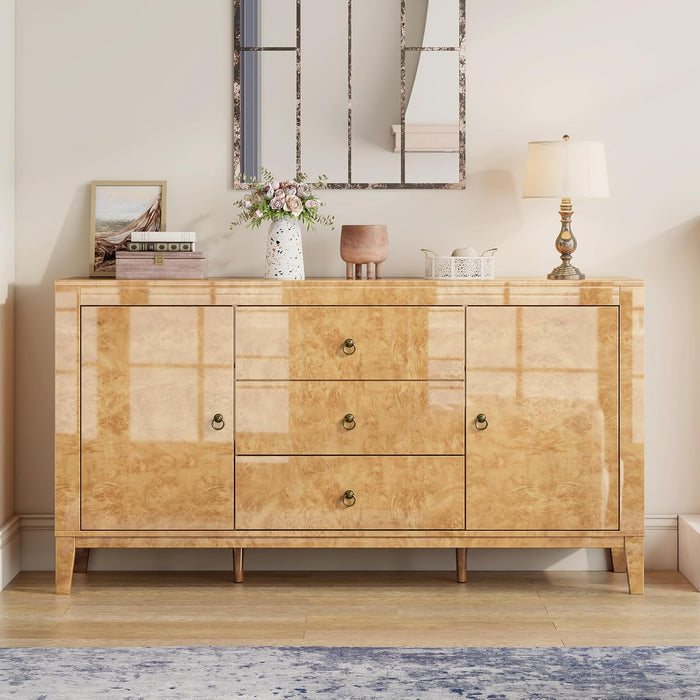 60" Glossy Burl Wood Sideboard Buffet with Storage | Mid-Century Modern Style, Buffet Cabinet with 3 Drawers & 2 Closed Storage for Dining Room, Living Room, Blond Burl
