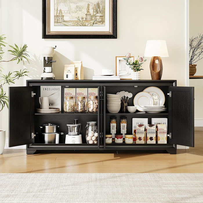 60" Buffet Cabinet with Storage, 4 Doors Sideboard Buffet Cabinet with Adjustable Shelves, Modern Coffee Bar Console Table for Living Room, Kitchen, Entryway, Black