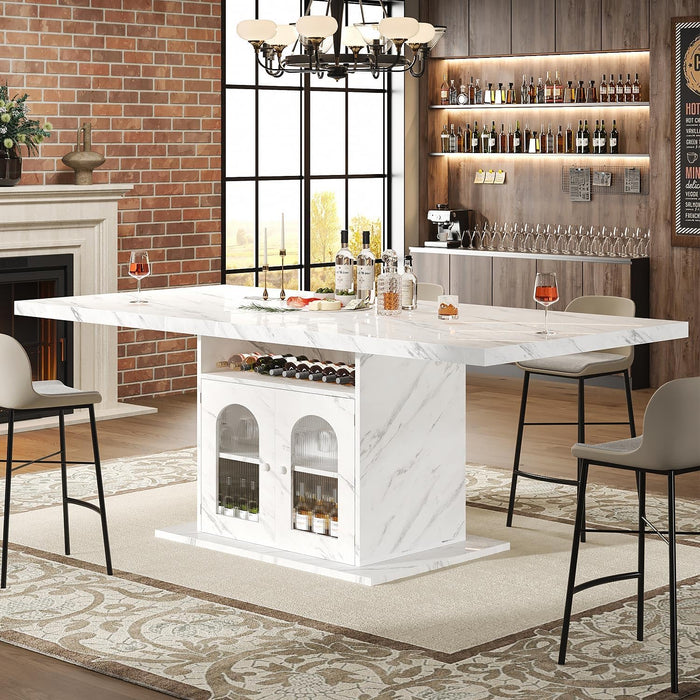 63" Modern White Faux Marble Dining Table for 6 with Storage Cabinet | Rectangular Kitchen Dinner Table with 3-Tier Shelves and an Acrylic Door, Seats 4-6,Table Only for Dining Room and Apartment