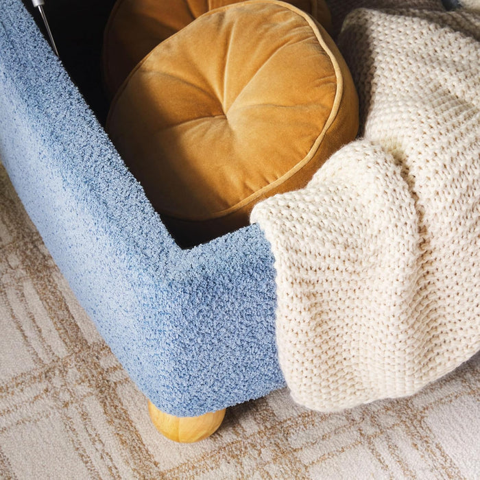 Linley Contemporary Large Storage Bouclé Ottoman with Wood Legs, Soft Blue