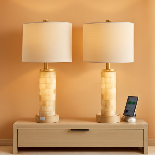 27" Alabaster and Wood Table Lamps Set of 2 with Night Light