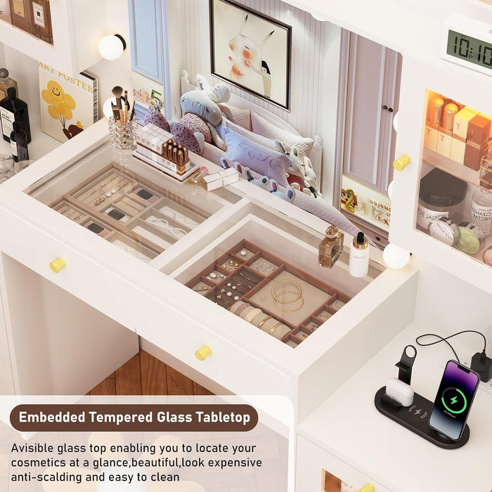 62 Inch Large Makeup Vanity Desk with Mirror and Lights 3 Color Lighting, Glass Top Vanity Table with Power Outlet and RGB Glass Cabinet, 8 Drawers Dressing Table for Bedroom and Dressing Room, White