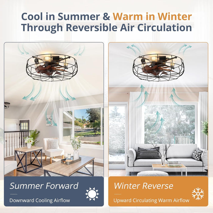 20" Caged Ceiling Fans with Lights and Remote, Flush Mount Bladeless Low Profile, Small Farmhouse Industrial Enclosed Ceiling Fan for Bedroom, Kitchen, Indoor