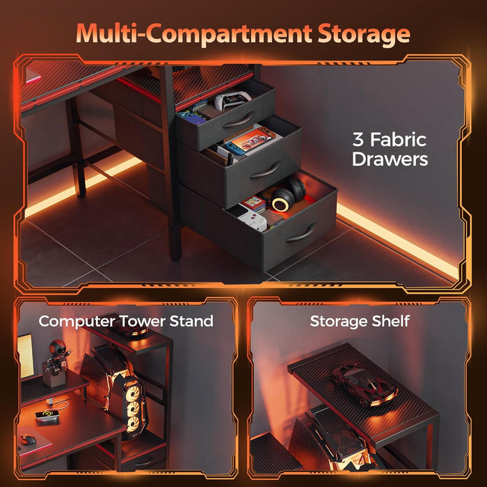 Gaming Desk with Power Outlets & LED Lights, Reversible Computer Desk with PC Case Stand, Fabric Drawers, Modern Office Desk with Shelves, Monitor Stand