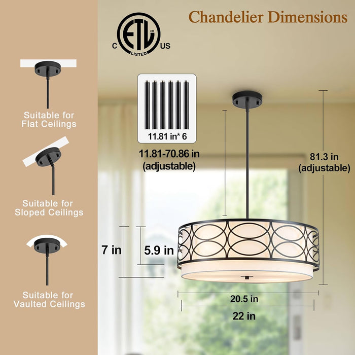 22Inch Drum Chandelier Farmhouse White Fabric Shade