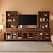 Modern TV Stand with 3 Tiers Bookshelf, Farmhouse Entertainment Center with 4 Drawers and Adjustable Shelf, Wooden Media TV Console with Glass Doors for Living Room, Brown