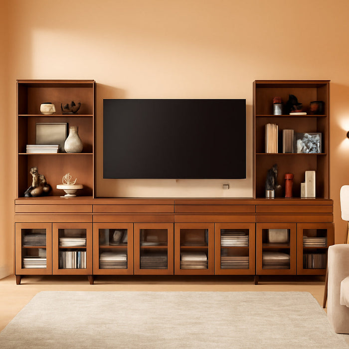 Modern TV Stand with 3 Tiers Bookshelf, Farmhouse Entertainment Center with 4 Drawers and Adjustable Shelf, Wooden Media TV Console with Glass Doors for Living Room, Brown