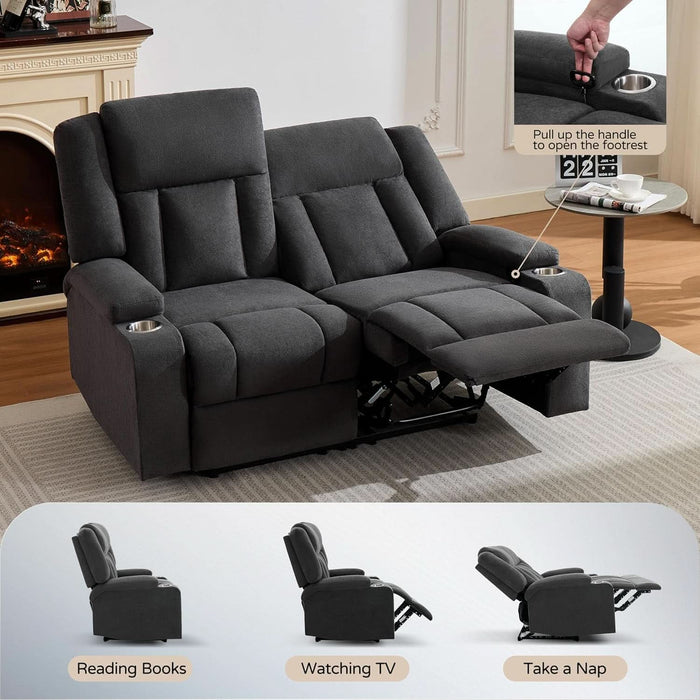Loveseat Recliner Sofa with Cup Holders, 2-Seater Fabric Reclining Couch, Manual Recliner Wall Hugger for Living Room, Small Spaces, Home Theater (Dark Gray)