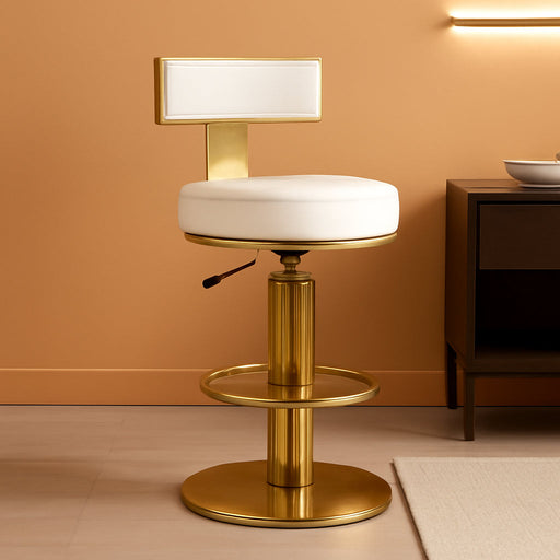 Counter Height Bar Stools with Back, Modern Adjustable Height Barstools Swivel Bar Chairs with Polished Gold Stainless Steel Legs and Comfortable Cushion for Kitchen Island Counter (White)