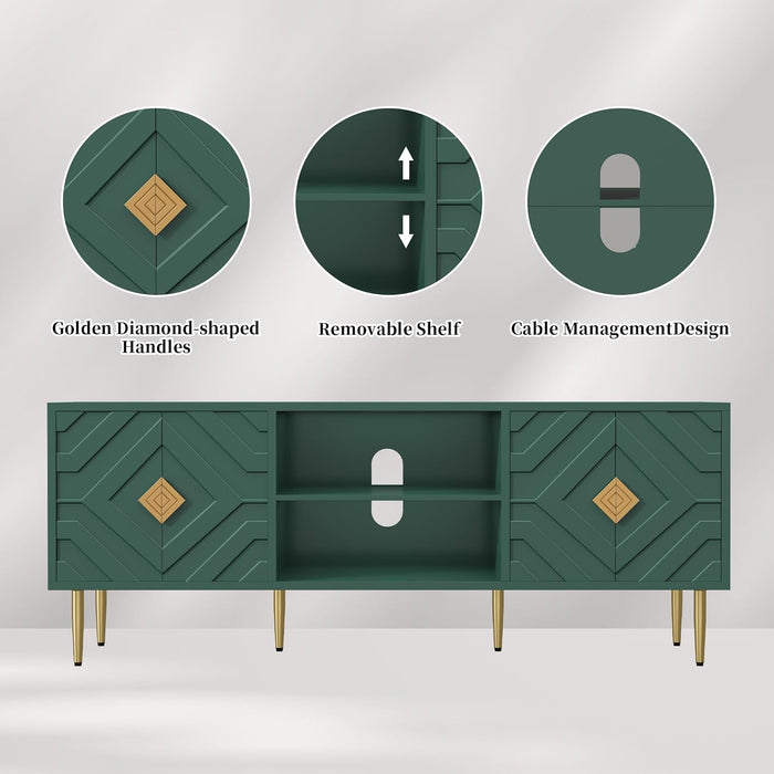 63'' Modern TV Stand for 65/70/75 Inch TV, Entertainment Center with Storage Cabinet, Mid Century Green TV Stand,Embossed Pattern TV Console, TV Media Console for Living Room, Bedroom