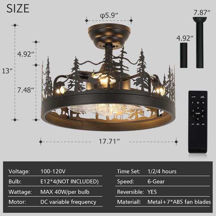 Rustic Black Ceiling Fan with Light, Bear and Deer Design