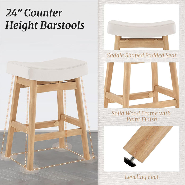 Bar Stools Set of 4, Barstools with Sturdy Wood Legs, Saddle Seat Counter Height Bar Stools for Kitchen Counter, Bar, Dining, 24 Inch Farmhouse Counter Stools, Beige Fabric