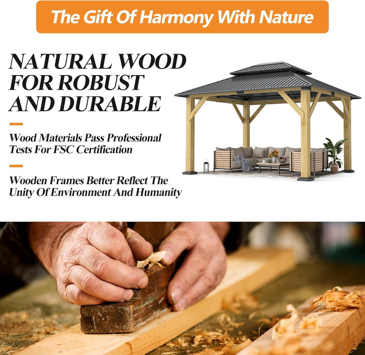 10' X 12' Outdoor Wooden Gazebo - Patio Hardtop Gazebo Permanent Wooden Pavilion with Galvanized Steel Double Roof, Wood Gazebos for Garden, Lawn, Poolside, Backyard Deck
