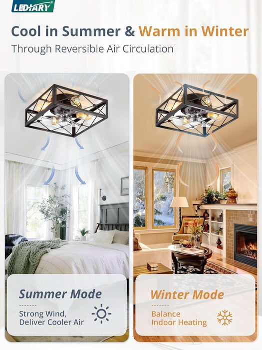 Caged Flush Mount Ceiling Fans with Lights and Remote, Black Square Rustic Low Profile Ceiling Fan, 6 Speed and Reversible, Small Farmhouse Bladeless Ceiling Fan for Bedroom, Kitchen, Indoor
