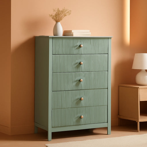 EmeraldGreen Fluted Dresser Five Drawer Storage Cabinet