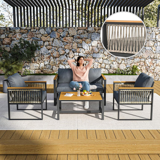 4 Pieces Outdoor Patio Furniture Set with Wicker Handrails, Plastic-Wood Balcony Furniture with Wicker Arm Panel, All-Weather Metal Outdoor Furniture Set with Cushion and Coffee Table