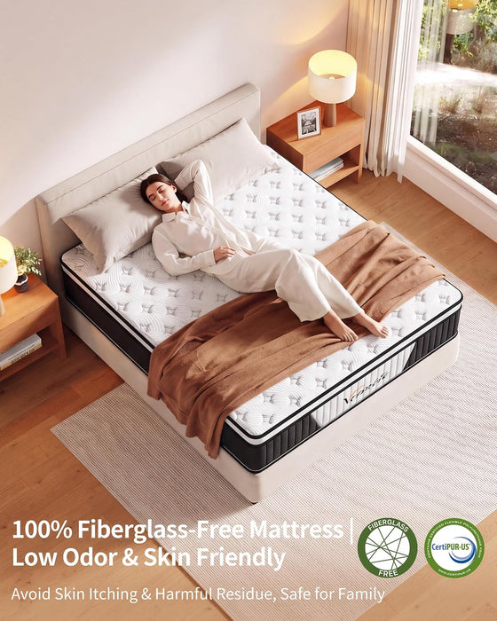 12 Inch Queen Mattress, Medium Firm Hybrid Memory Foam, 7-Zone Body Support for Pressure Relief, Motion Isolation, Queen Mattress in a Box, White Breathable Textured Fabric Mattresses