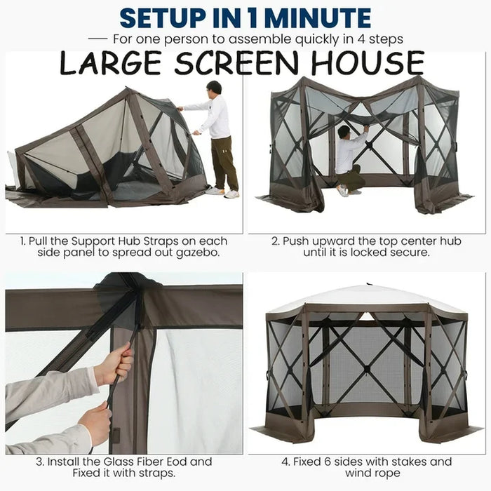 12X12Ft Pop-Up Gazebo Screen Tent Screen House with Sidewalls and Mosquito Netting for Camping, Waterproof, UV Resistant, EZ Set-Up Party Canopy with Carrying Bag and Ground Stakes, Brown