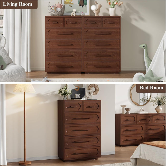 Walnut 6 Drawer Dresser for Bedroom, 44" Tall Dressers & Chest of Drawers W/Solid Wood Handle, Wood Mid Century Closet Organizers and Storage Cabinet for Bedroom, Living Room, Hallway, Walnut