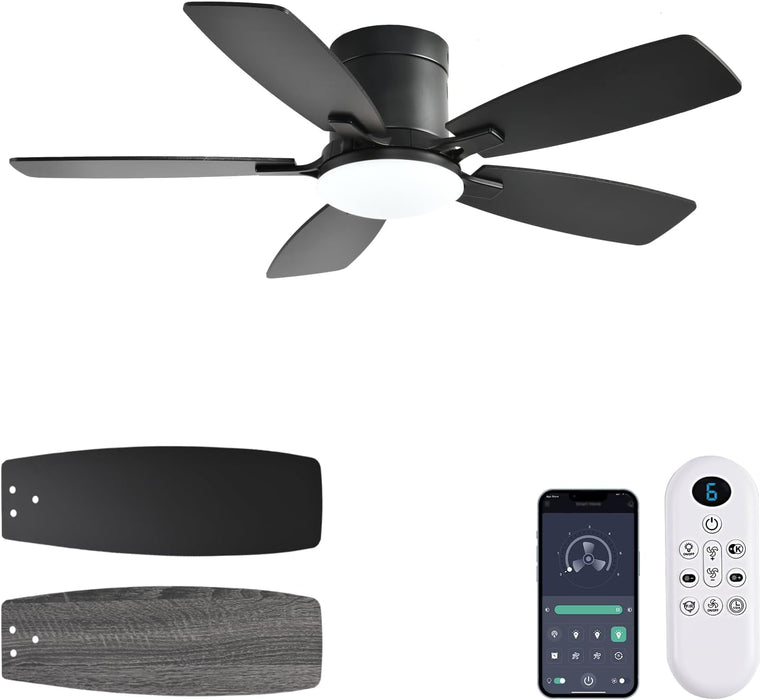 Ceiling Fans with Lights, 42 Inch Low Profile Ceiling Fan with Light and Remote Control, Flush Mount, Reversible Motor, Dimmable, Noiseless, Black Ceiling Fan for Bedroom, Indoor/Outdoor Use