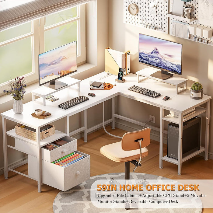 White FiftyNineInch L Shaped Desk With PowerOutlets