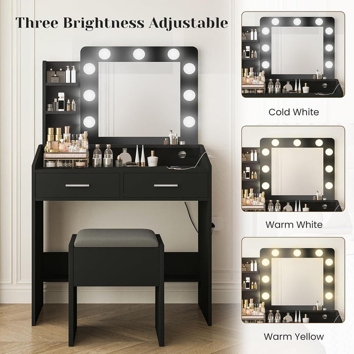 Black Vanity Table Set with Mirror – Dimmable LED Lights, Built-In Power Outlet, 7 & 2 Storage Drawers, Cushioned Stool, Adjustable Light Color, Hairdryer Holder – Bedroom, Black