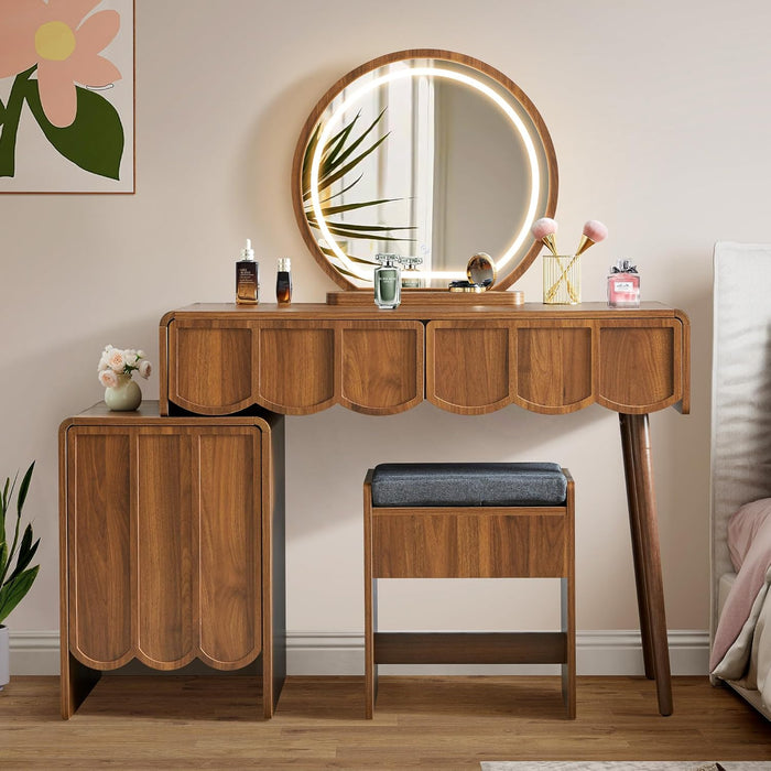 Vanity Desk with Mirror and Lights, Modern Wood Wave Panel Vanity Desk Set Makeup Table with Drawers and Cabinet, Dressing Table with Storage for Bedroom, Walnut