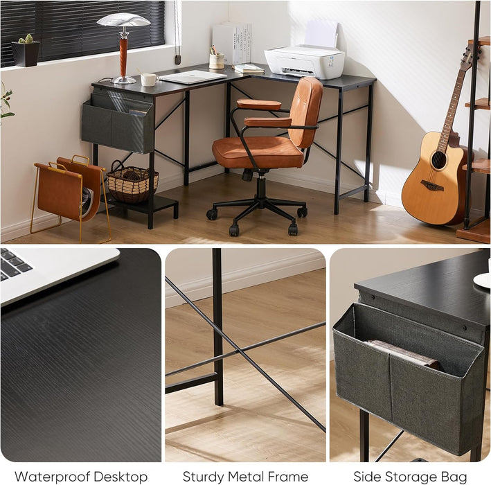 L Shaped Computer Desk - Gaming Table Corner Desk 50 Inch PC Writing Black Desk Study Desks with Wooden Desktop CPU Stand Side Bag Reversible for Home Office Dorm Small Space