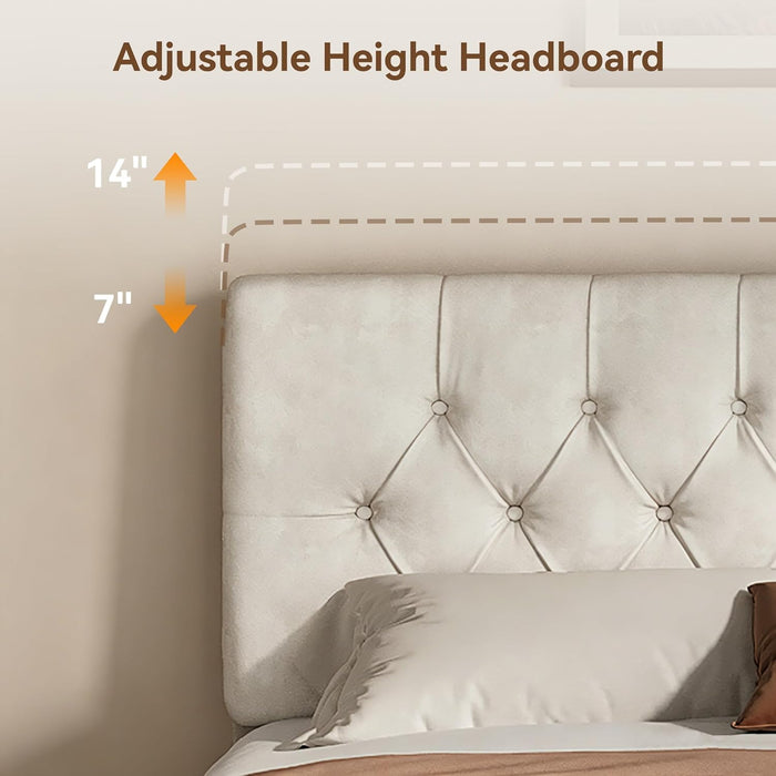 Queen Bed Frame, Velvet Fabric Upholstered Platform Bed with Button Tufted Headboard, Strong Wooden Slats Support, Noise Free, Easy Assembly, Adjustable Headboard, No Box Spring Needed, Beige | Plush Velvet, Varied Fit, Velero Design, Rounded Legs