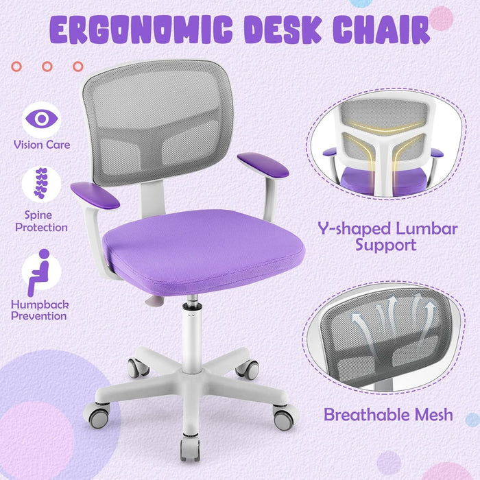 Kids Desk Chair, Ergonomic Kids Swivel Study Chair with Lumbar Support, Breathable Mesh & Universal Wheels, Height Adjustable Kids Computer Chair for Boys & Girls (Violet)