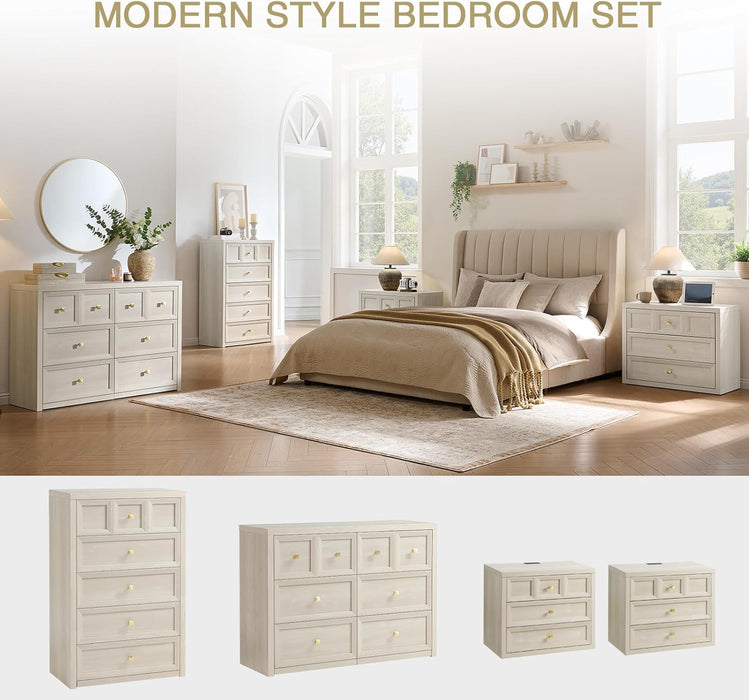 5 Drawers Dresser for Bedroom, 45.7" Tall Large Dresser & Chests of Drawers with Metal Handle, Clothes Storage Organizer Dresser W/Natural Texture for Bedroom, Living Room-Grey White