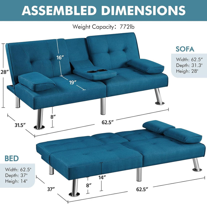 Convertible Sofa Bed Adjustable Fabric Couch Sleeper Modern Recliner Reversible Loveseat Folding Daybed Guest Bed, Removable Armrests, Cup Holders, 3 Angles, 772Lb Capacity, Aqua Blue