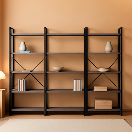 Triple 4 Tier Bookshelf, Bookcase with 11 Open Display Shelves, Wide Book Shelf Book Case for Home & Office, Grey