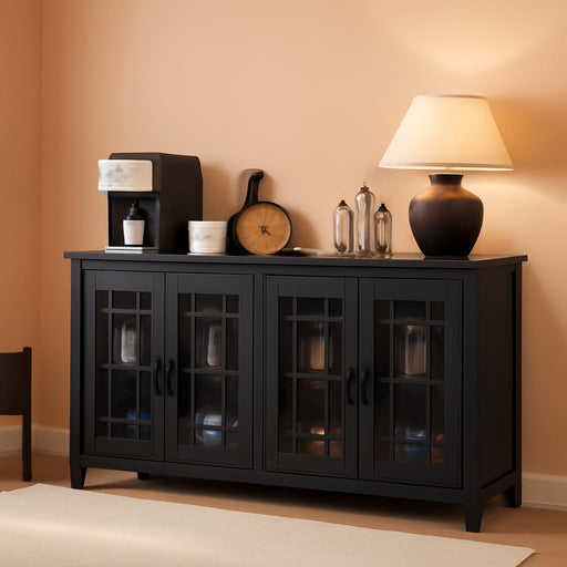 Large Sideboard Buffet Cabinet with Storage, 63" Black Farmhouse Kitchen Coffee Wine Bar Cabinet with 4 Glass Doors, Mid Century Modern Wooden Side Board Table for Dining Room, Living Room