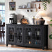 Large Sideboard Buffet Cabinet with Storage, 63" Black Farmhouse Kitchen Coffee Wine Bar Cabinet with 4 Glass Doors, Mid Century Modern Wooden Side Board Table for Dining Room, Living Room