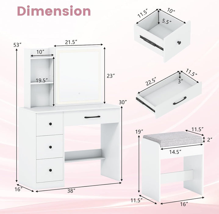 38" Vanity Desk with Lighted Sliding Mirror, Adjustable LED Lighting, Hidden Storage, 4 Drawers & 3 Shelves, Cushioned Stool, Modern Makeup Vanity Dressing Table Set for Bedroom, White