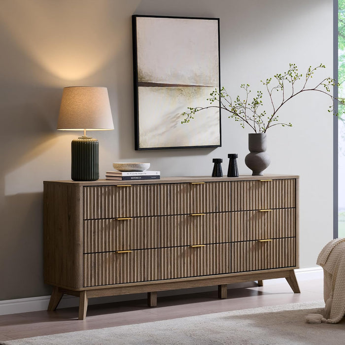 63" Wide Fluted 9 Drawer Dresser for Bedroom, Grey Alder