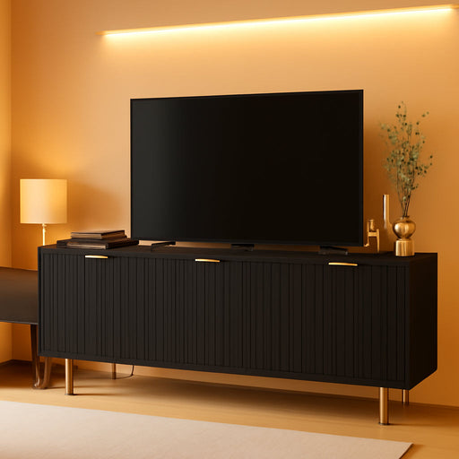 TV Stand for 80 Inch TV, Fluted TV Stand for Living Room, Mid Century Modern TV Stand with Adjustable Shelf, TV Entertainment Center with Storage for Bedroom, 70Inch, Black