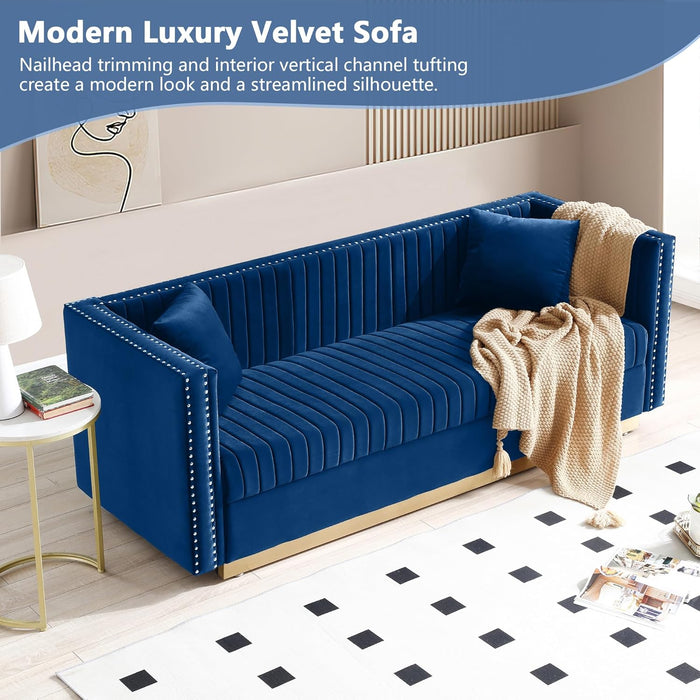 Luxury Velvet Sofa Set for Living Room, Modern Decor Furniture Channel Sofa Couch and Loveseat with Nailhead Gold Metal Legs and 4 Pillows for Bedroom, Hall, Blue