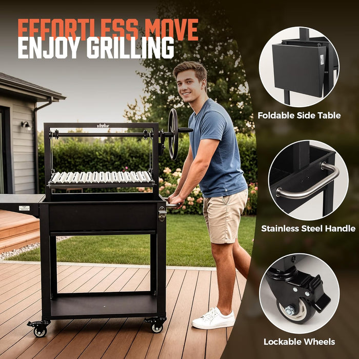 Santa Maria Grill, Argentine Parrilla Grill with Adjustable Height Grate, Wood Fire & Charcoal BBQ Grill, Large Outdoor Open Fire Grill with Storage for Patio & Backyard