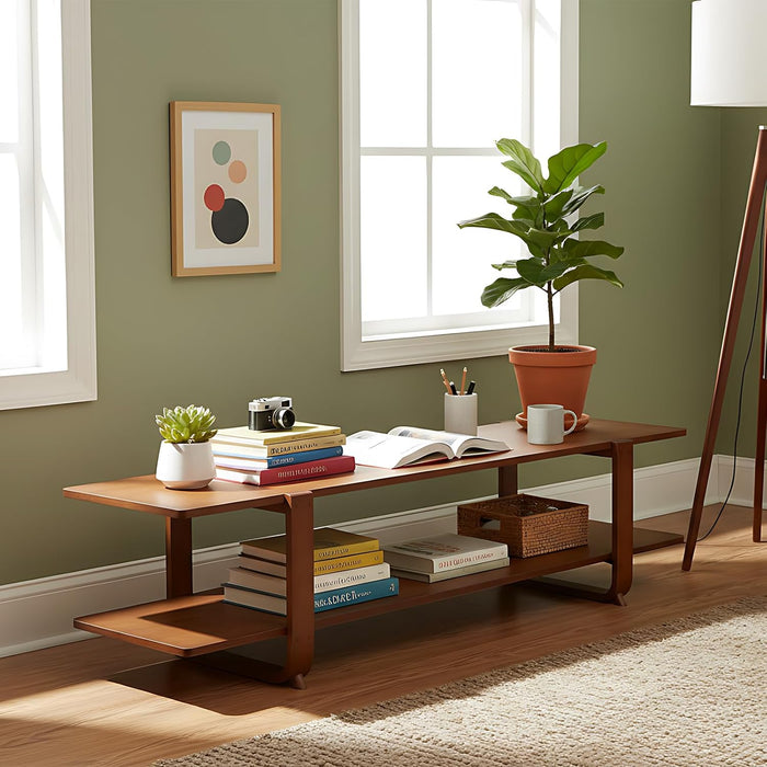 Bamboo TV Stand for up to 65 Inch, Mid Century Modern Entertainment Center with 2-Tier Open Shelves, Storage Media Console Table for Living Room, Bedroom, Walnut