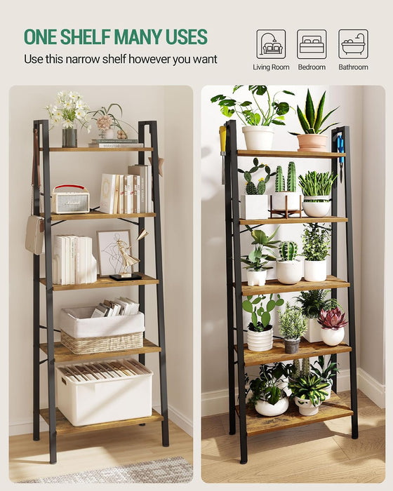 Ladder Shelf, Bookshelf, Freestanding Corner Storage Shelf | Bookcase with 2 Hooks for Office, Living Room, Kitchen, Bedroom, Industrial, 11.8"D X 23.6"W X 63"H, Rustic Brown BC19301B