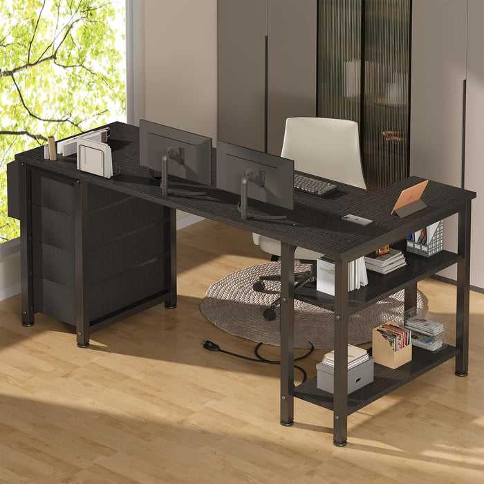 L Shaped Gaming Desk with Drawers & Storage Shelves, 55 Inch Corner Computer Desk with Power Outlet for Home Office Bedroom, L-Shaped Teen PC Desks with Fabric Drawer, Black