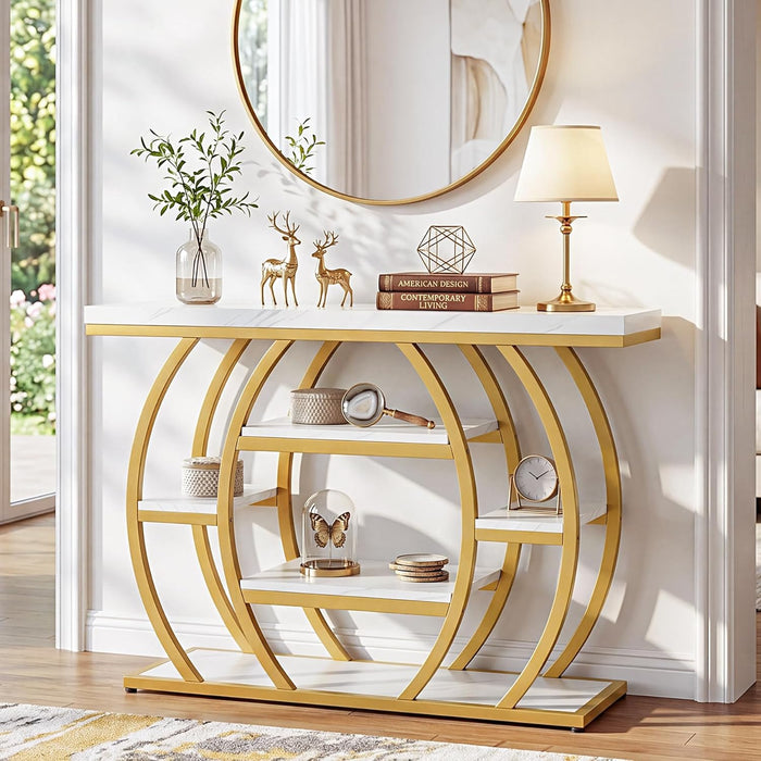 Modern Console Table, 41.3" Narrow Entryway Table with Storage Shelves & Faux Marble Top, 5-Tier Sofa Tables behind Couch with Arched Metal Frame for Living Room, Hallway (Gold & White)