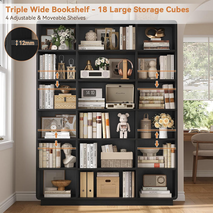 72" Triple Wide Bookshelf, 6-Tier Tall Bookcase, Black Book Shelf
