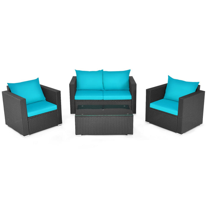 4 Pieces Patio Rattan Conversation Set with Padded Cushions