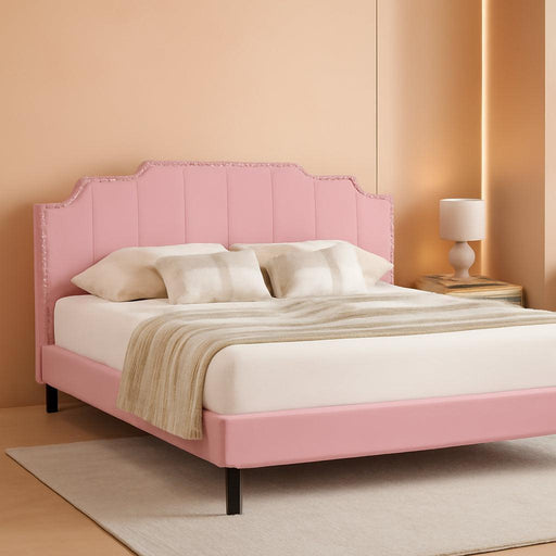 Upholstered Platform Queen Bed Frame with Tufted Adjustable Headboard/Mattress Foundation/Wood Slat Support,Easy Assembly,Pink