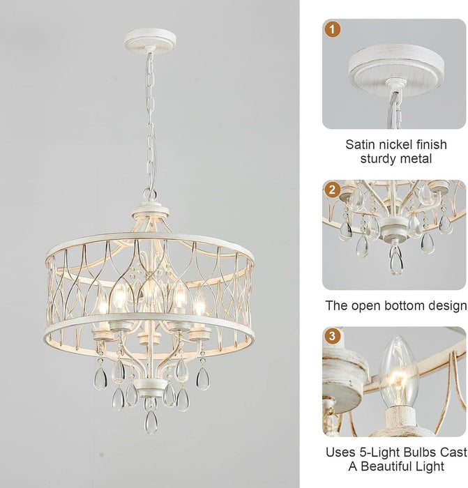 Modern Crystal Chandelier, 5-Light Farmhouse White Chandelier for Dining Room Vintage Hanging Pendant Light Fixtures round Chandelier for Kitchen Island Entryway Foyer Bedroom Office Bar