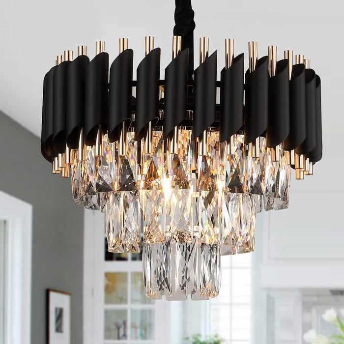Dimmable ThreeTier Crystal Chandelier Black Gold SixteenInch