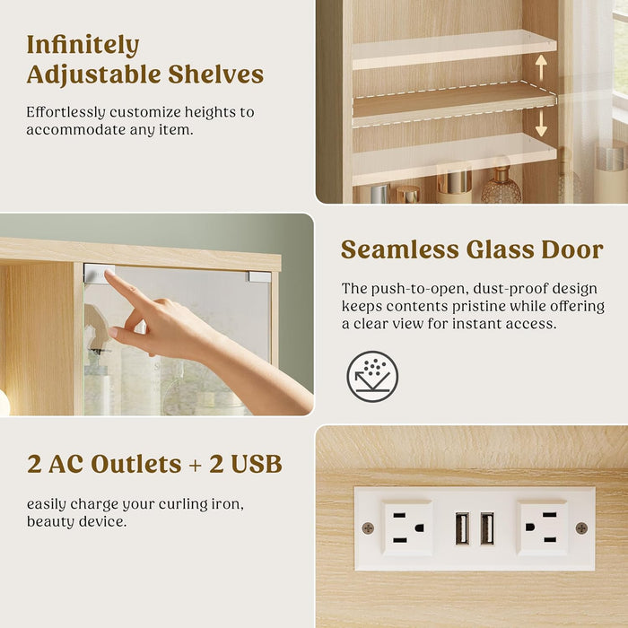 Fluted Makeup Vanity Desk with Mirror and Lights, Glass Top 48" Wood Vanities W/Charging Station , Dressing Table W/3 Drawers & 2 Large Storage Cabinets, Dustproof Organizer for Bedroom Gift(Natural)